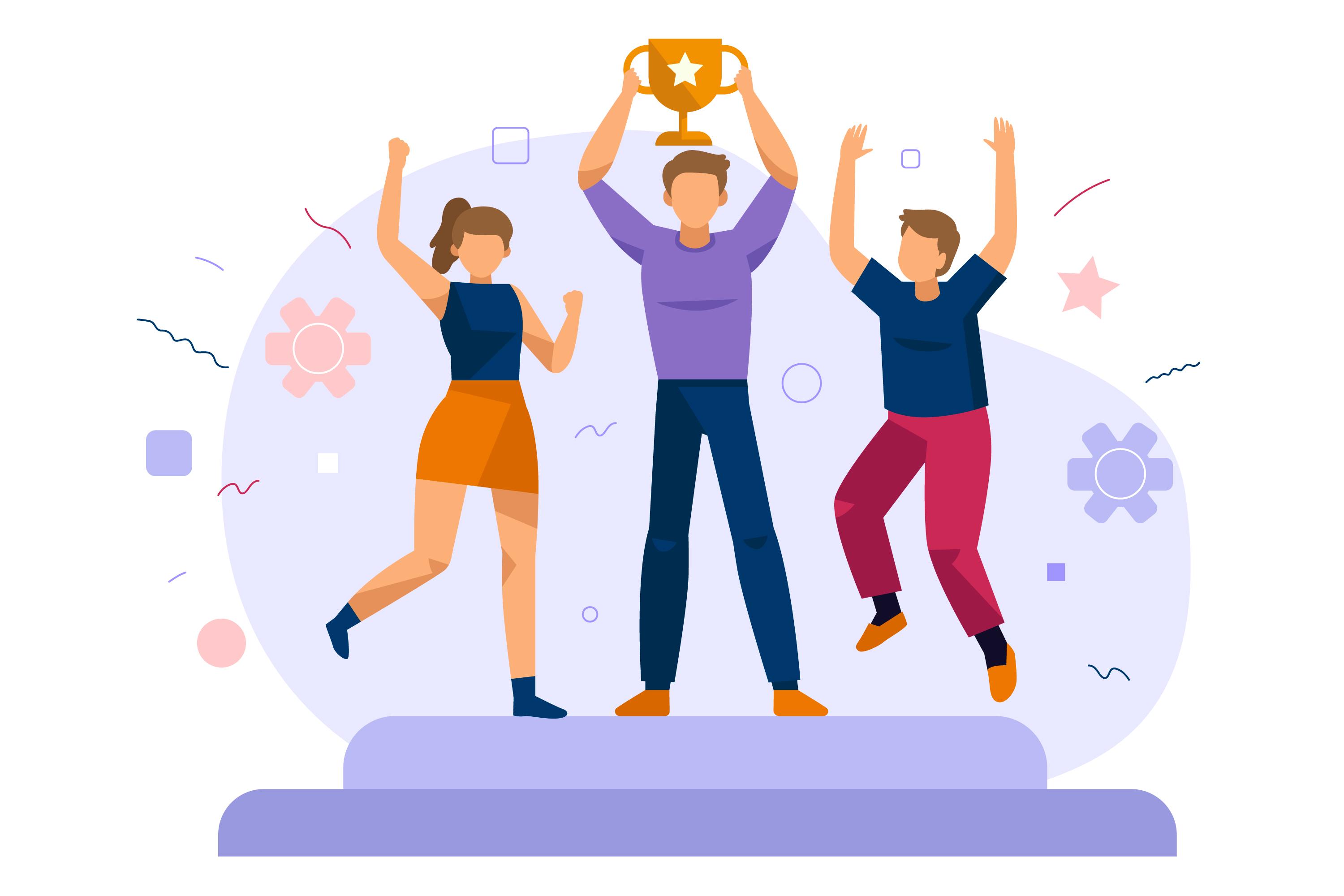 Students celebrating success with trophy